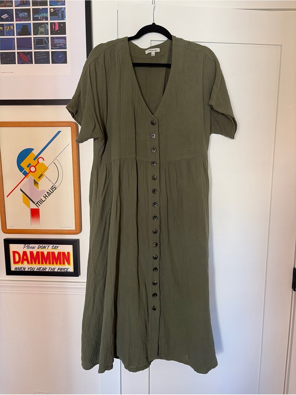 Madewell Olive Green V-Neck Button-Front Midi Dress - Picture 3 of 5